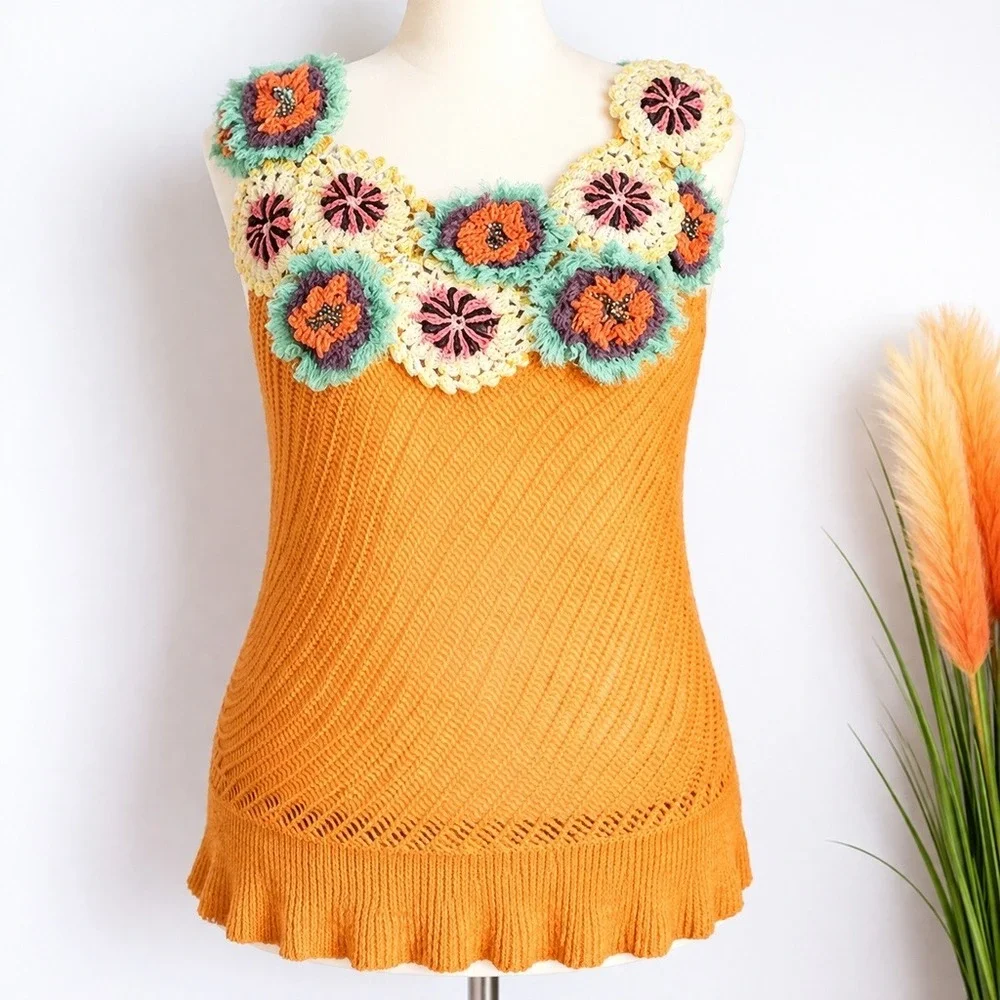 Anthropologie NEW EDIE Satsuma Pinwheel Floral Crochet Linen Knit Top SZ Large - Picture 11 of 11